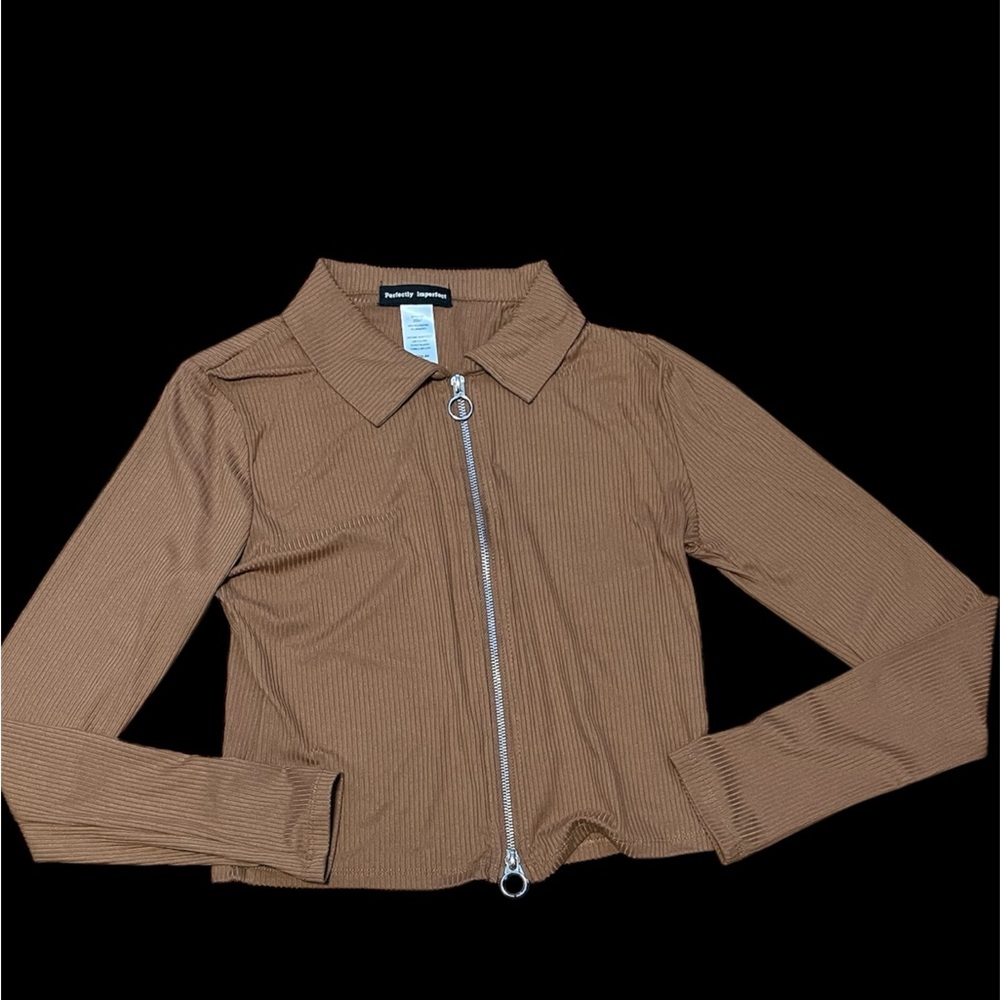 Brown Long Sleeve Zip-Up Blouse
